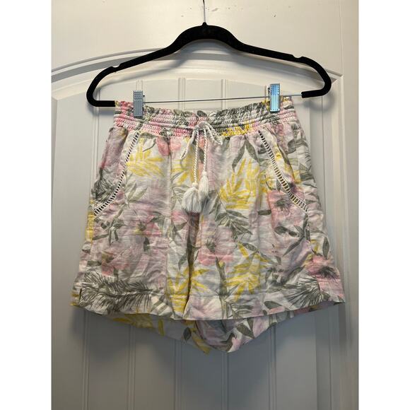 Briggs‎ Women’s Floral Linen Blend Pull On Summer Shorts Size S White Yellow - Picture 2 of 5